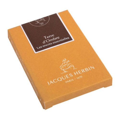 Pack of 7 Jacques Herbin Terre d'Ombre ink cartridges in rich earthy brown, designed for smooth, consistent flow in fountain pens.