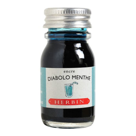 Vibrant mint green writing ink in a 10ml bottle, perfect for artists and writers using various writing tools.