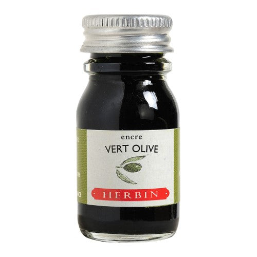 Herbin 10ml Vert Olive writing ink in a bottle, ideal for calligraphy and arts, featuring a rich dark olive hue.