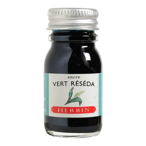 Herbin 10ml Vert Reseda ink bottle, vibrant green, ideal for fountain pens and artistic calligraphy projects.