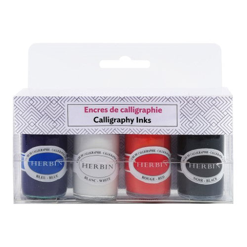 Four 15ml bottles of Herbin Calligraphy Ink in vibrant White, Blue, Black, and Red, ideal for elegant writing and art projects.