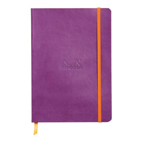 Rhodiarama A5 Dotted Notebook in Purple with soft cover, 160 ivory pages, elastic closure, and back pocket.