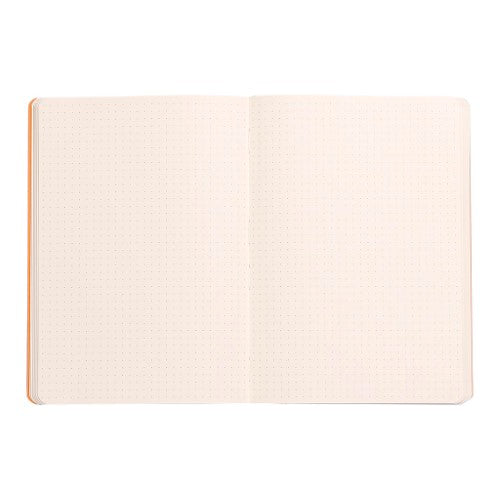 Rhodiarama A5 dotted notebook in purple with soft cover, 160 pages of premium ivory paper, and orange elastic closure.