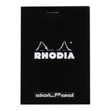 Rhodia dotPad No. 12 in black, featuring 80 sheets of dotted 80g paper, ideal for notes and sketches on-the-go.