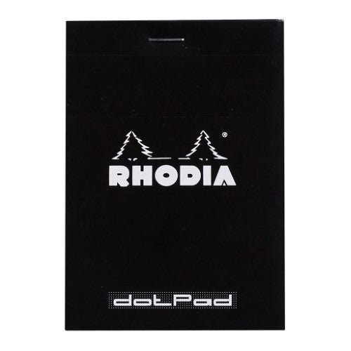 Rhodia dotPad No. 12 in black, featuring 80 sheets of dotted 80g paper, ideal for notes and sketches on-the-go.