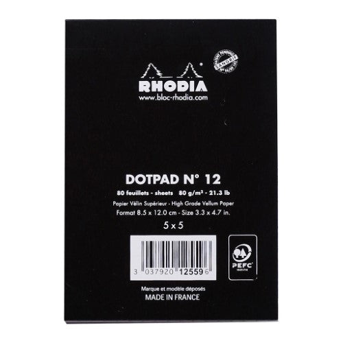 Rhodia dotPad No. 12 in black, 85x120mm, features 80 sheets of smooth dotted paper for sketches and notes.