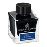 50ml bottle of Jacques Herbin Bleu de Minuit dark blue fountain pen ink, known for its smooth flow and rich, elegant hue.