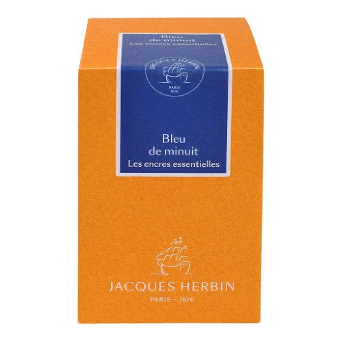 50ml bottle of Jacques Herbin Bleu de Minuit ink, featuring deep blue color, ideal for elegant writing and journaling.