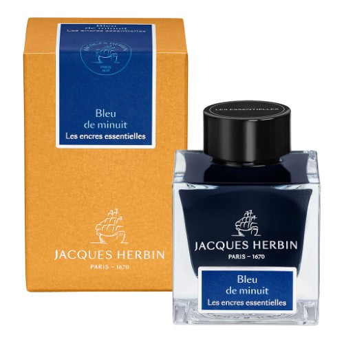 50ml bottle of Jacques Herbin Bleu de Minuit dark blue fountain pen ink, known for its rich hue and smooth flow.