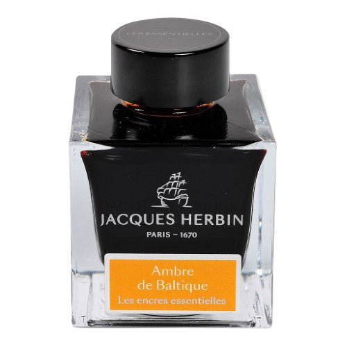 50ml bottle of Jacques Herbin Ambre de Baltique ink, amber hue for vibrant fountain pen writing and calligraphy.