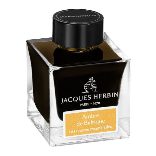 50ml bottle of Jacques Herbin Ambre de Baltique ink, featuring rich amber color for fountain pen writing and calligraphy.