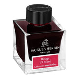 50ml bottle of Jacques Herbin Rouge d'Orient ink, vibrant red color designed for smooth writing and artistic expression.