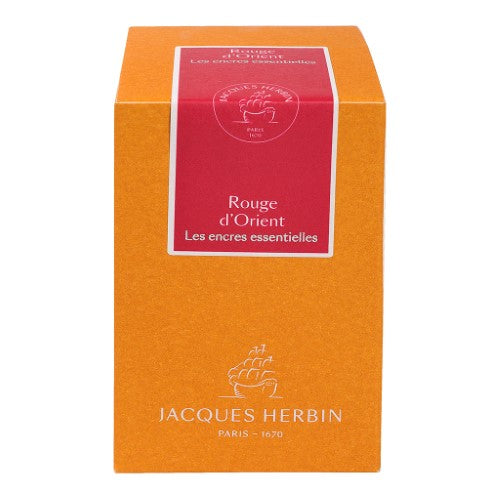 50ml bottle of Jacques Herbin Rouge d'Orient red fountain pen ink, designed for vibrant writing and artistry.