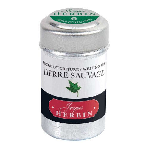 Pack of 6 Herbin Lierre Sauvage ink cartridges in rich green, ideal for fountain and rollerball pen enthusiasts.