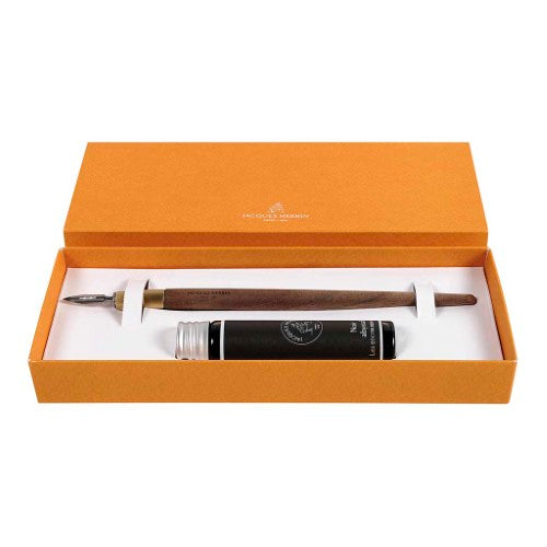 Elegant Jacques Herbin walnut wood and brass nib holder set with nib and black ink for sophisticated writing experiences.