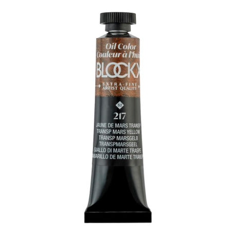 BLOCKX 20ml Oil Tube in Transparent Mars Yellow, ideal for layering and mixing with vibrant, high-quality pigments.