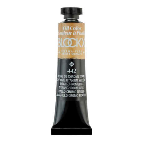 BLOCKX Oil Tube 20ml in Chrome Titanium Yellow, vibrant, extra-fine oil paint for artists, high color concentration and superior mixing.