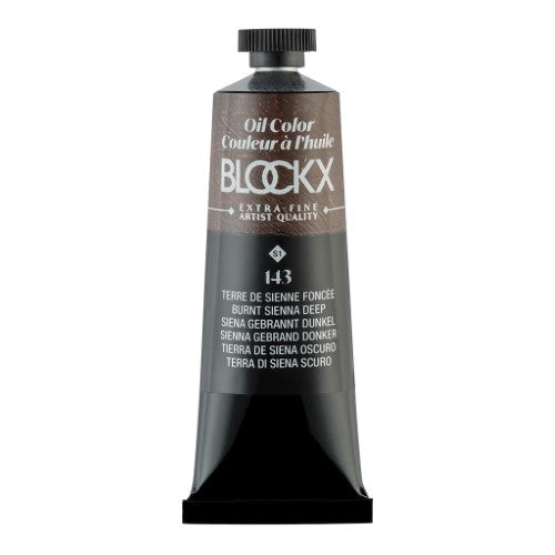 BLOCKX 35ml oil tube in Burnt Sienna Deep, rich pigment for vibrant artwork, ideal for landscapes and portraits.