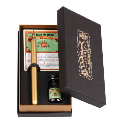 Herbin Traditional Writing Set Perle Noir features a golden pen holder, nib, and black ink, elegantly presented in a gift box.