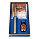 Elegant Herbin Traditional Writing Set featuring a golden pen holder, 361B nib, and 10ml Bleu Myosotis ink in a gift box.