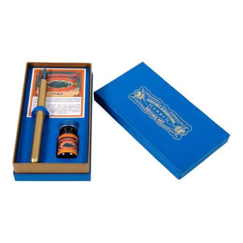 Elegant Herbin Traditional Writing Set featuring golden pen holder, 361B nib, and 10ml Bleu Myosotis ink in a gift box.