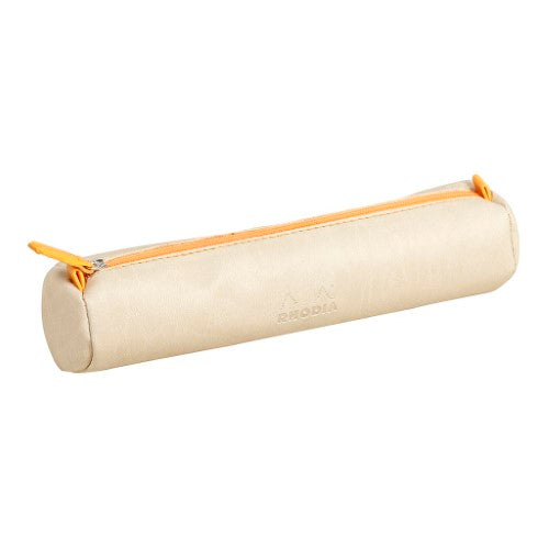 Beige Rhodiarama Round Pencil Case in soft leatherette, featuring an orange zip and spacious interior for organizing stationery.