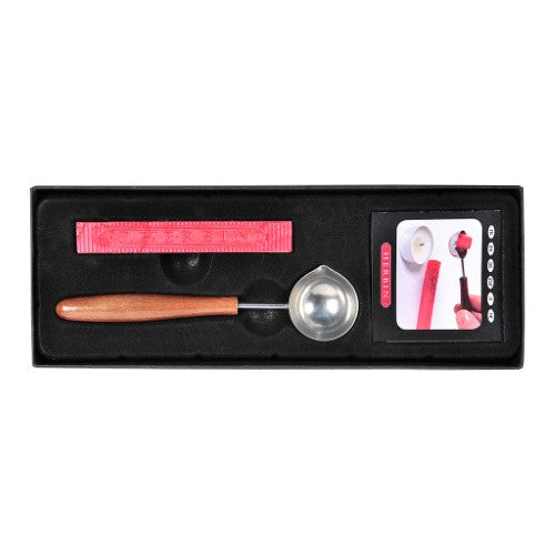 Herbin Traditional Wax Box with Spoon for elegant seals, includes melting spoon, red wax stick, and instruction booklet.