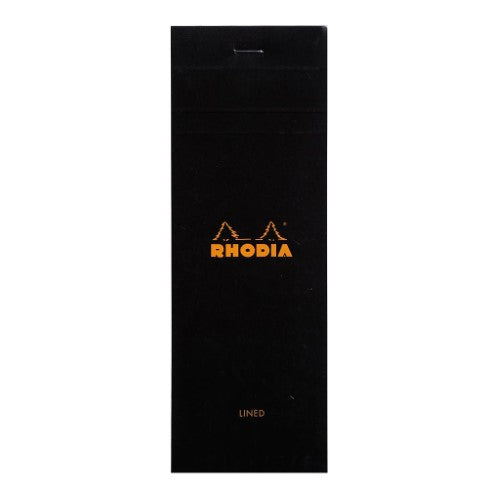 Rhodia Bloc Pad No. 8 features a stylish black cover, 80 lined microperforated sheets, perfect for shopping lists and notes.