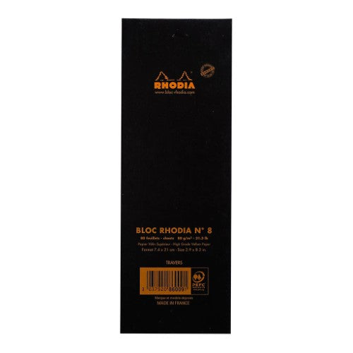 Rhodia Bloc Pad No. 8 in black, featuring 80 lined microperforated sheets for smooth, bleed-free writing and easy note-taking.