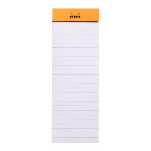 Rhodia Bloc Pad No. 8 in vibrant orange, featuring 80 lined sheets and microperforated for easy tear-off notes.