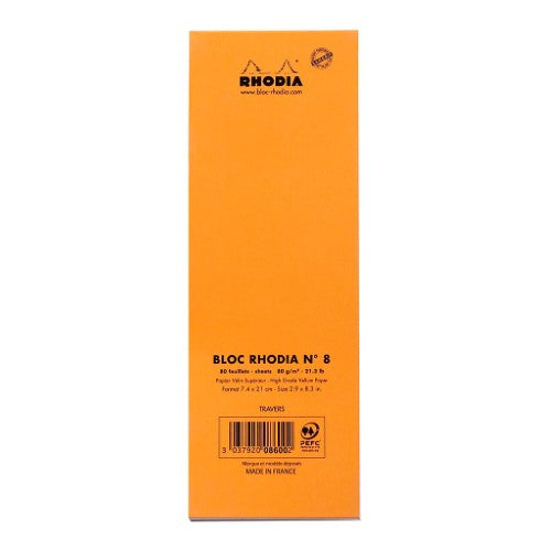 Rhodia Bloc Pad No. 8 in vibrant orange with 80 lined sheets, designed for smooth writing without bleed-through.