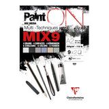 PaintON Pad MIX9 A2 with 18 sheets of diverse 250gsm papers for versatile multimedia art, featuring various colors and textures.