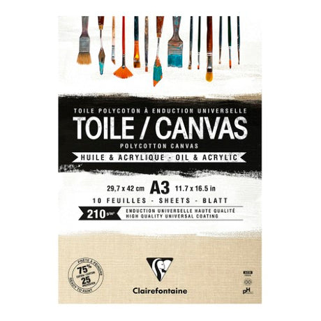 A3 Polycotton Canvas Pad with 10 sheets, 210g, ideal for acrylic and oil painting, featuring medium regular grain.