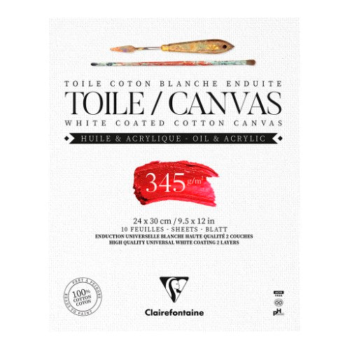White cotton canvas pad, 24x32cm, 10 sheets, ideal for painting with acrylics and oils, featuring medium grain texture.