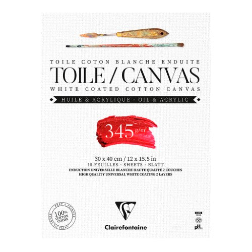 White Cotton Canvas Pad 30x40cm with 10 sheets, ideal for acrylic and oil painting, 345gsm durable, flexible surface.