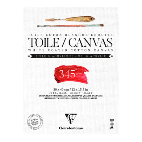 White Cotton Canvas Pad 30x40cm with 10 sheets, ideal for acrylic and oil painting, 345gsm durable, flexible surface.