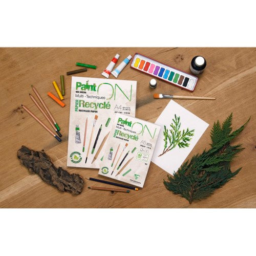A5 PaintON Recycled Paper Pad with 30 sheets, 250gsm, ideal for dry and wet art techniques, eco-friendly and versatile.
