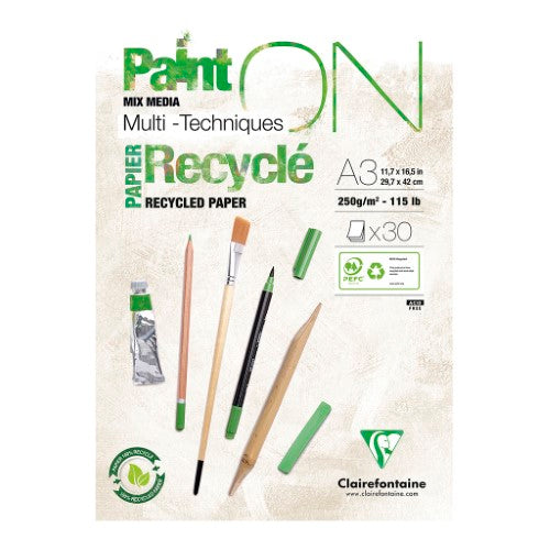 A3 PaintON Recycled Paper Pad with 30 sheets, ideal for dry and wet techniques, 250gsm, eco-friendly, smooth surface.