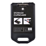 A4 black storage clipboard with weatherproof design, heavy-duty clip, ergonomic handle, and pen compartment for organization.