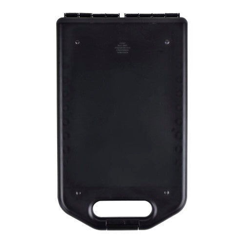 A4 black storage clipboard with weatherproof design, heavy-duty clip, and pen compartment for secure document organization.