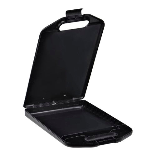 A4 black storage clipboard with weatherproof design, heavy-duty clip, ergonomic handle, and pen compartment.