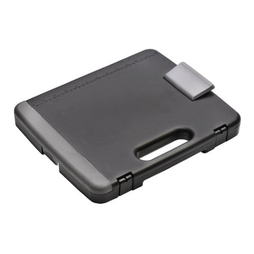 Large black OSC Storage Clipboard with compartments for documents, tablets, and stationery, featuring a secure clip and rulers.