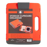 Hi-vis orange and gray storage clipboard with compartments for documents and supplies, including a printed ruler.