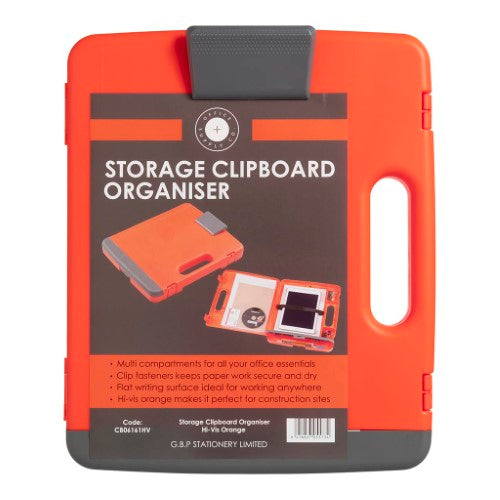 Hi-vis orange and gray storage clipboard with compartments for documents and supplies, including a printed ruler.
