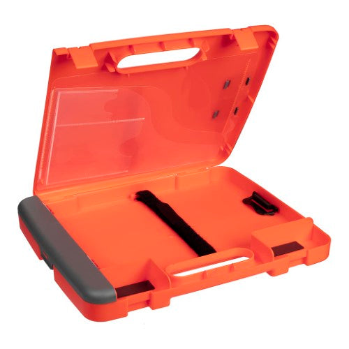 Hi-vis orange and gray storage clipboard with compartments for documents, tablets, and writing tools; durable and portable.