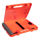 Hi-vis orange and gray storage clipboard with compartments for documents, tablets, and writing tools; durable and portable.