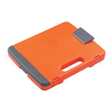 Hi-vis orange and gray storage clipboard with compartments for documents, pens, and a ruler, ideal for professionals on the go.