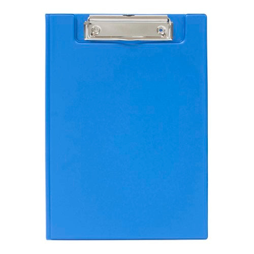 Durable blue A5 clipboard with double-sided design and internal pocket for papers and cards, perfect for professionals and students.