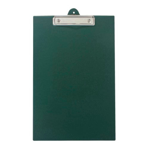 Green PVC clipboard with strong clip, pull-out hanging hook, and foolscap size for efficient document organization.