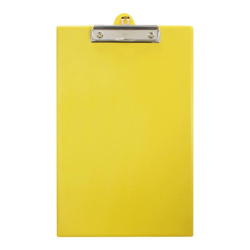 Durable yellow PVC clipboard with strong clip, designed for A4 documents and convenient hanging storage.